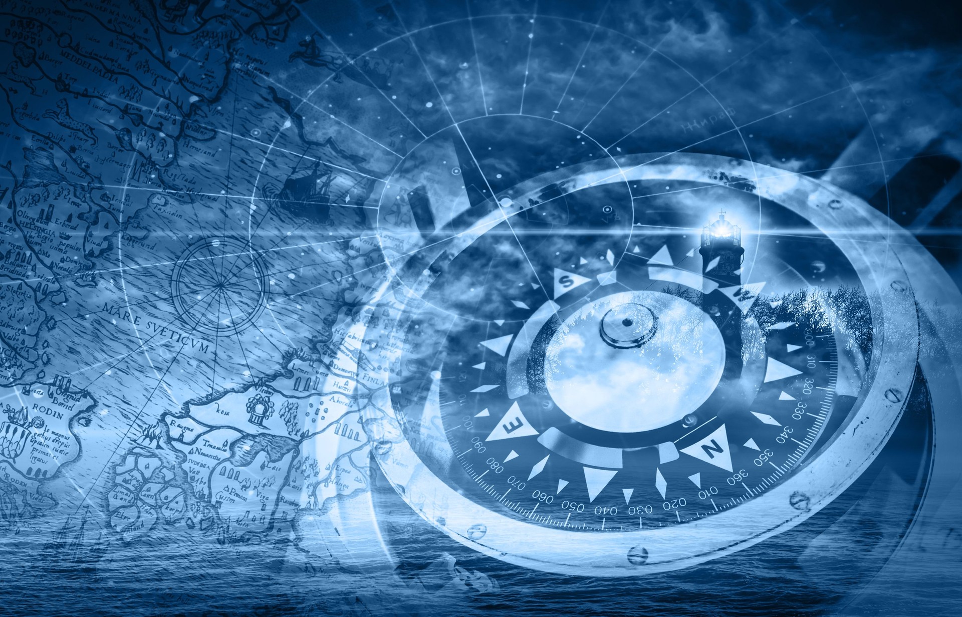 Blue ships navigation illustration with compass, lighthouse and