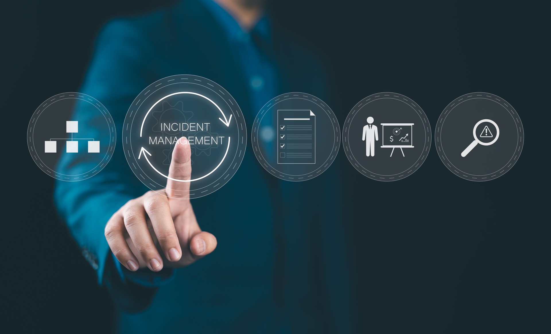 Incident Management, Risk Mitigation Process Concept. Icons represent processes of incident management, risk analysis, strategy planning, resolution tracking, effective business technology solutions,